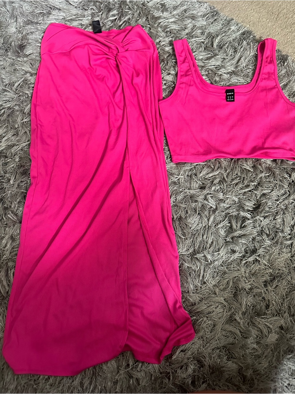 SHEIN Hot Pink Ribbed Tank Bralette & Maxi Skirt Set